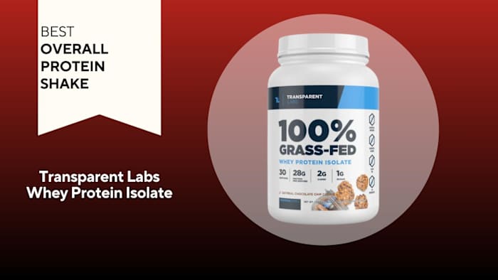 A red background with a white banner reading "Best Overall Protein Shake" next to a white and blue container of Transparent Labs Grass-Fed Whey Protein Isolate in Oatmeal Cookie flavor
